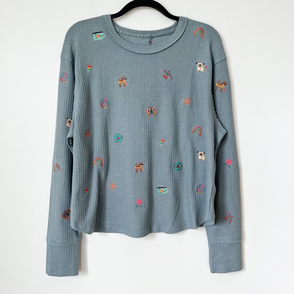 NEW Natural Life Parker Embroidered Thermal Tee Fave Things Womens XL Blue - Picture 2 of 11